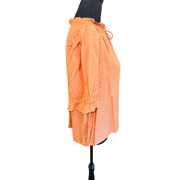 Draper James RSVP Orange Polka Dot Blouse Tie Neck Smocked Sleeves L Office SIre - Picture 6 of 13